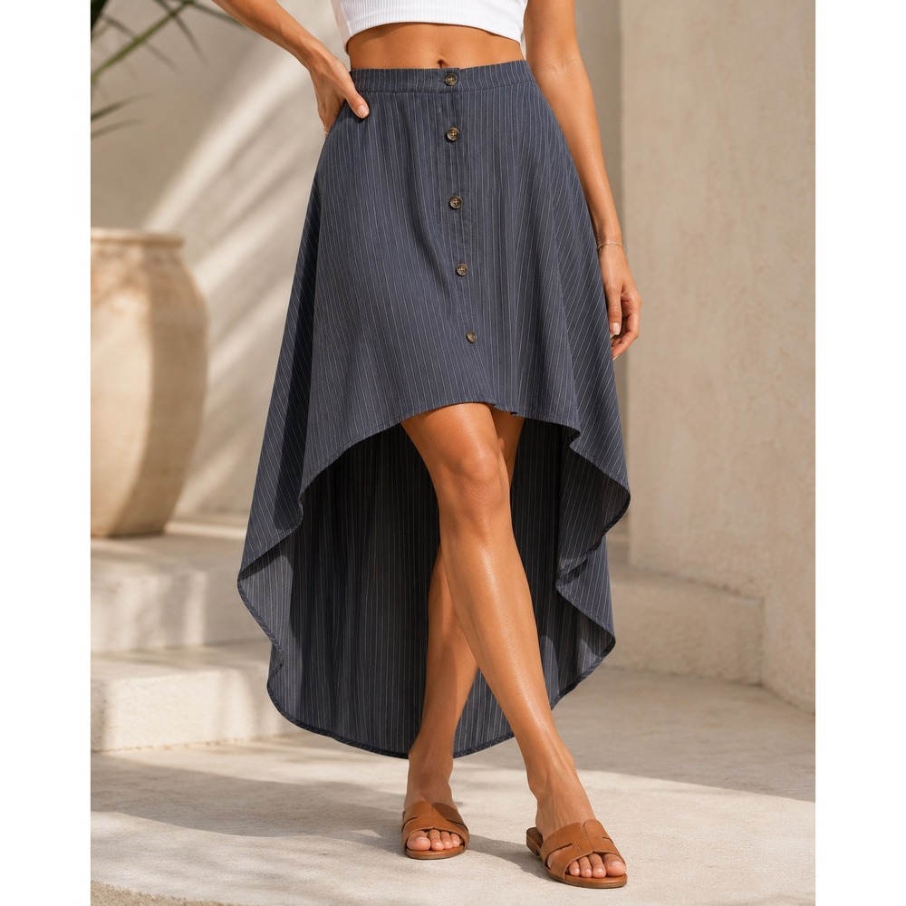 Two Sisters The Label Pinstripe High-Low Button Front Skirt Grey XS